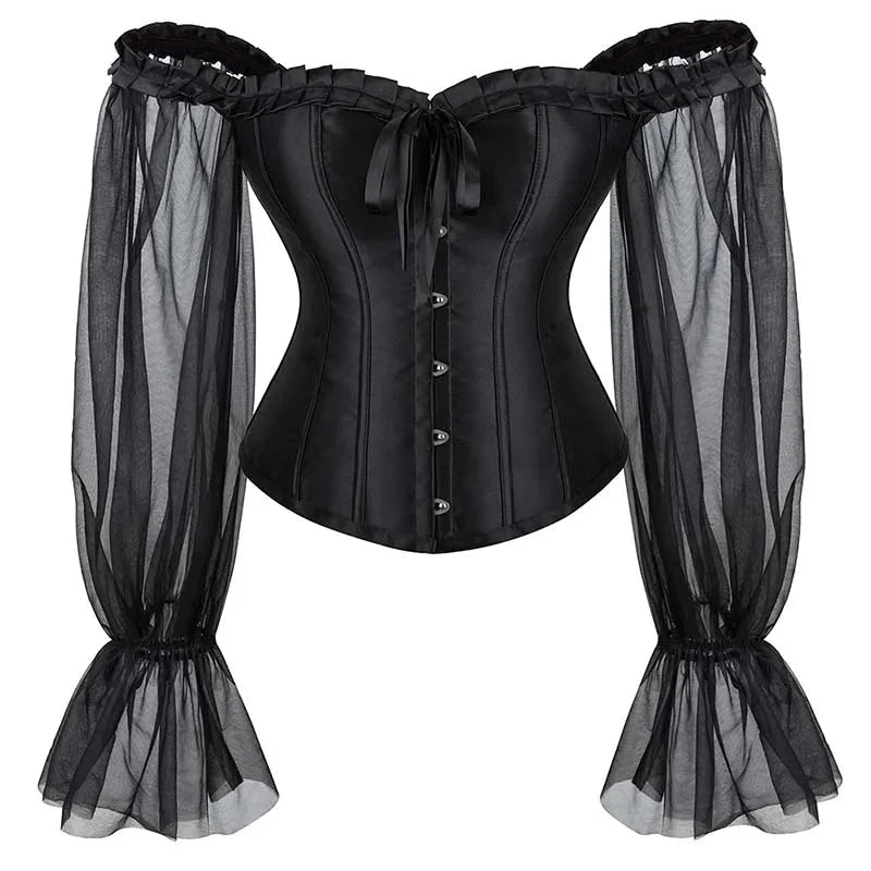 V562-OBBPBBNKNNXXNALO-2-202508291955-00 Ruffled Gothic Corselet Top With Puff Sleeves And Lace-Up Boning Transparent Satin Overbust Corset For Women - 4Xl - Image 1