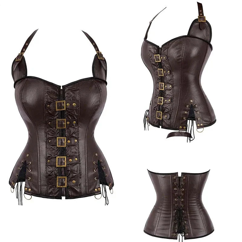 V562-OBBPBBNLOLNOPONA-11-202508291653-00 Steampunk Corselet With Zip & Buckle Women Gothic Fishbone Corset - Brown - Xl - Image 1