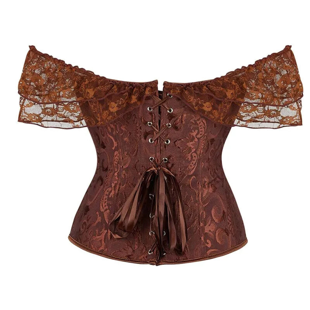 V562-OBBPBBNLONPPPTON-1-202508291930-03 Brown Steampunk Corset With Front Busk Closure Floral Lace And Puff Sleeves - Brown - L - Image 4