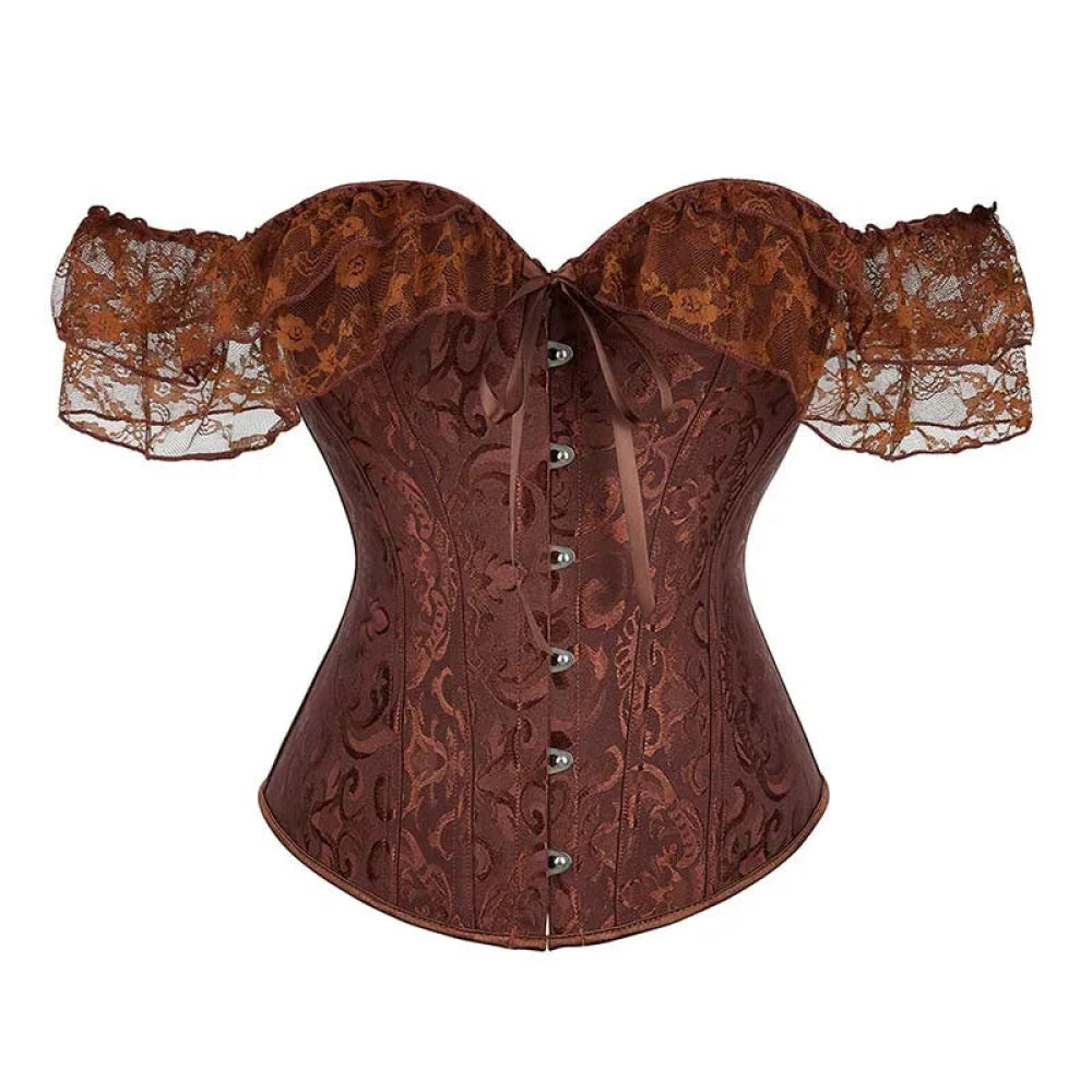 V562-OBBPBBNLONPPPTON-1-202508291930-04 Brown Steampunk Corset With Front Busk Closure Floral Lace And Puff Sleeves - Brown - L - Image 5