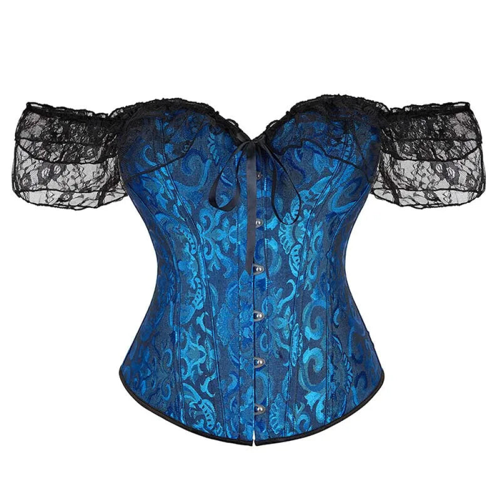 V562-OBBPBBNLONPPPTON-1-202508291930-07 Brown Steampunk Corset With Front Busk Closure Floral Lace And Puff Sleeves - Brown - L - Image 8