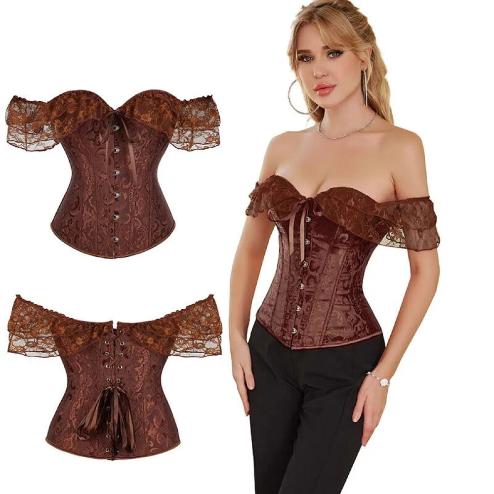V562-OBBPBBNLONPPPTON-2-202508291930-01 Brown Steampunk Corset With Front Busk Closure Floral Lace And Puff Sleeves - Brown - Xl - Image 2