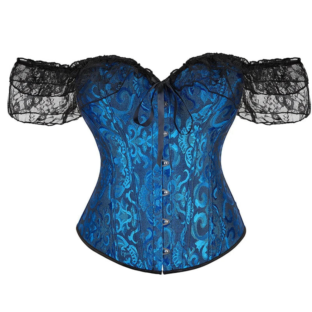 V562-OBBPBBNLONPPPTON-2-202508291930-09 Brown Steampunk Corset With Front Busk Closure Floral Lace And Puff Sleeves - Brown - Xl - Image 10