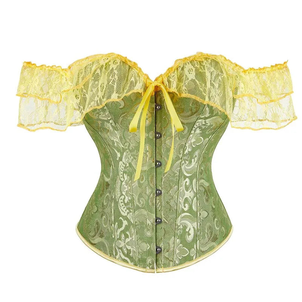 V562-OBBPBBNLONPPPTON-4-202508291930-05 Brown Steampunk Corset With Front Busk Closure Floral Lace And Puff Sleeves - Brown - M - Image 6
