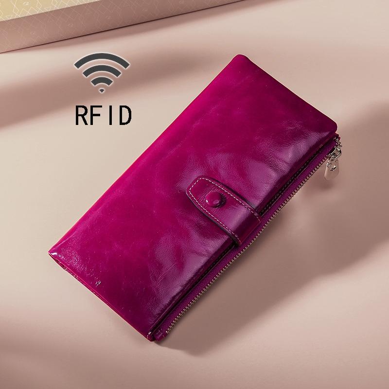 V562-P9810BCC-202508280916-00 Oilskin Leather Rfid Zip Wallet - Brown - Purple - Image 1