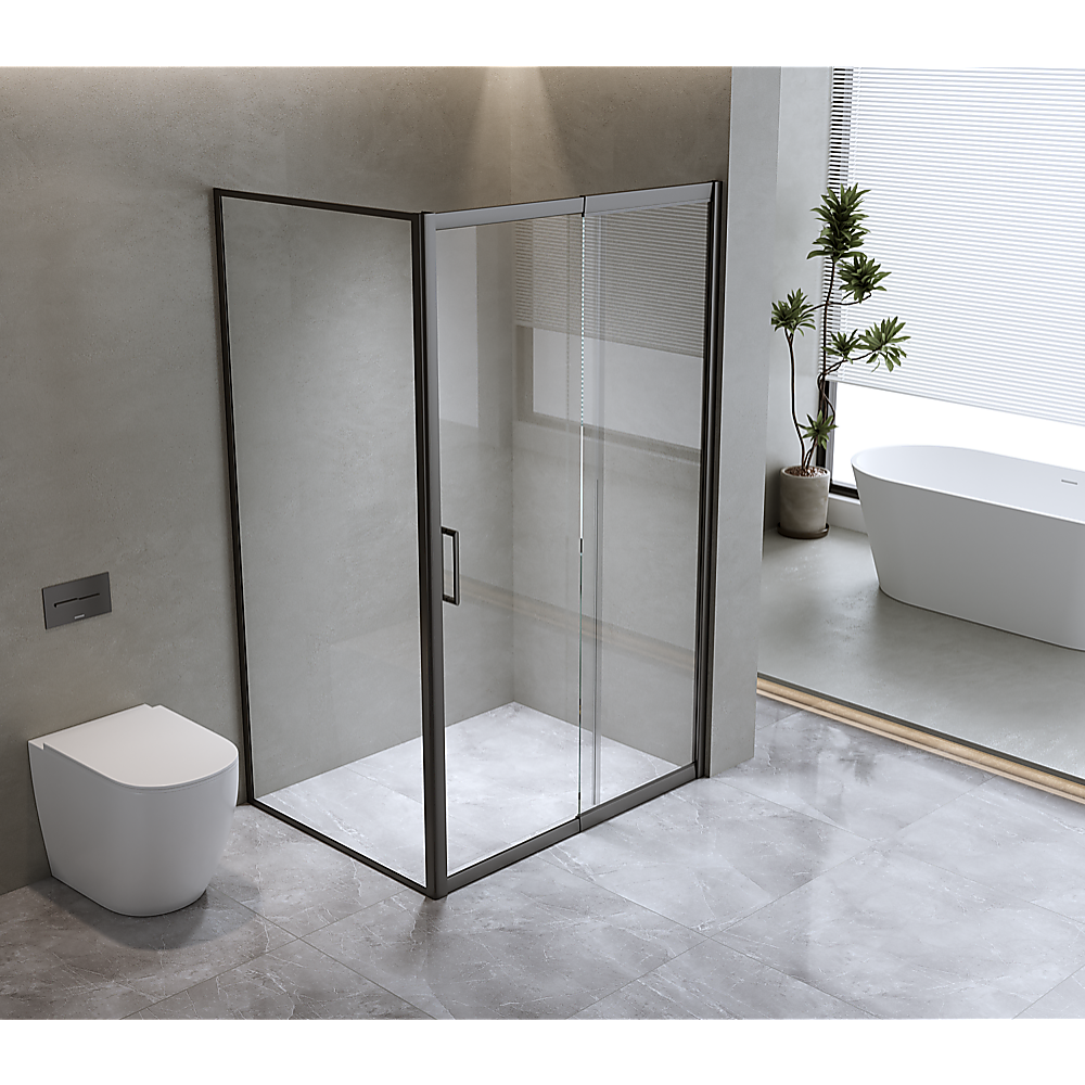 V63-846041-202507050010-00 150mm Adjustable (1850x800mm) Single Door Corner Sliding Glass Shower Screen in Black - Image 1