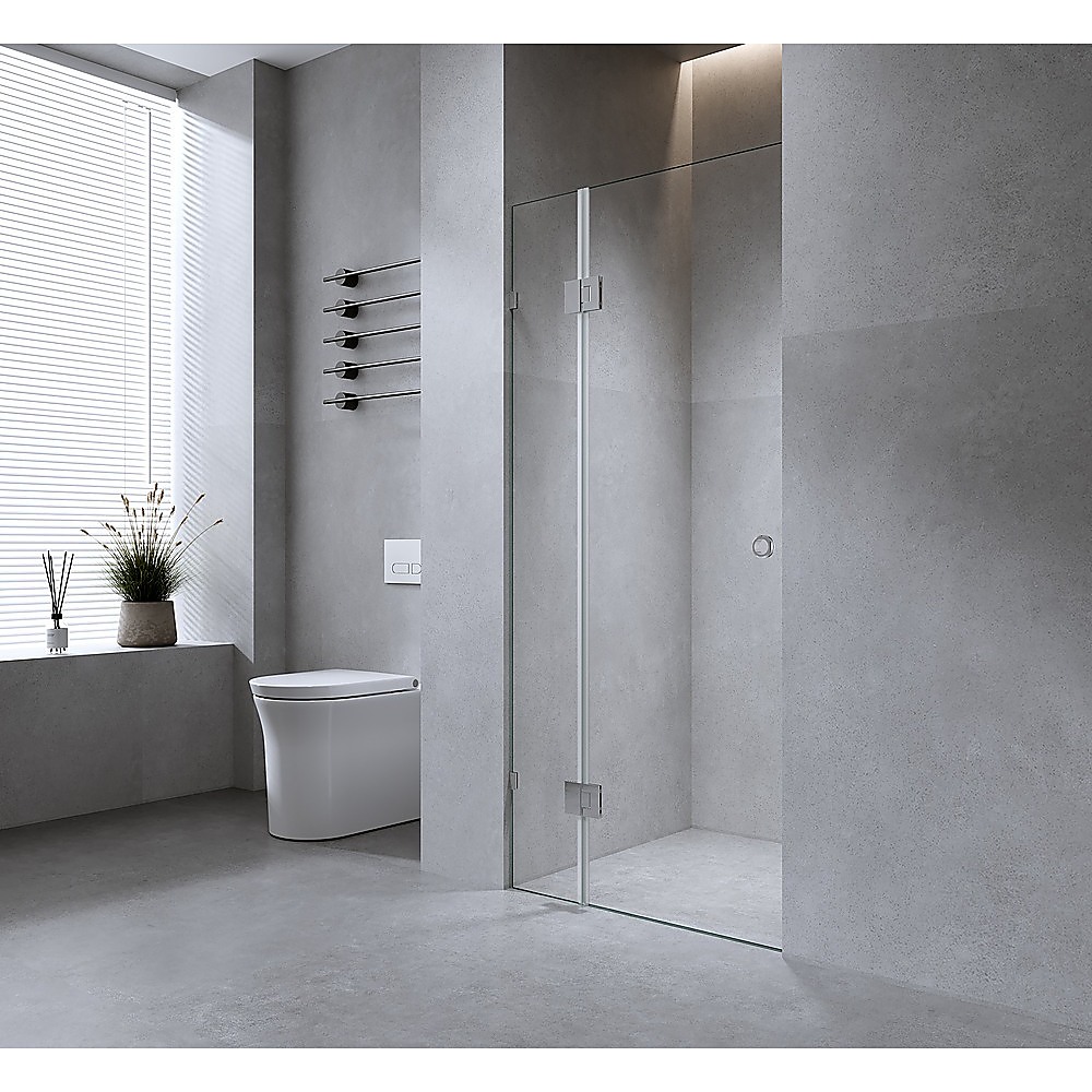 90cm Wall to Wall Frameless Shower Screen with Gunmetal Brackets and Brass Hinges - Wall & Floor U Brackets