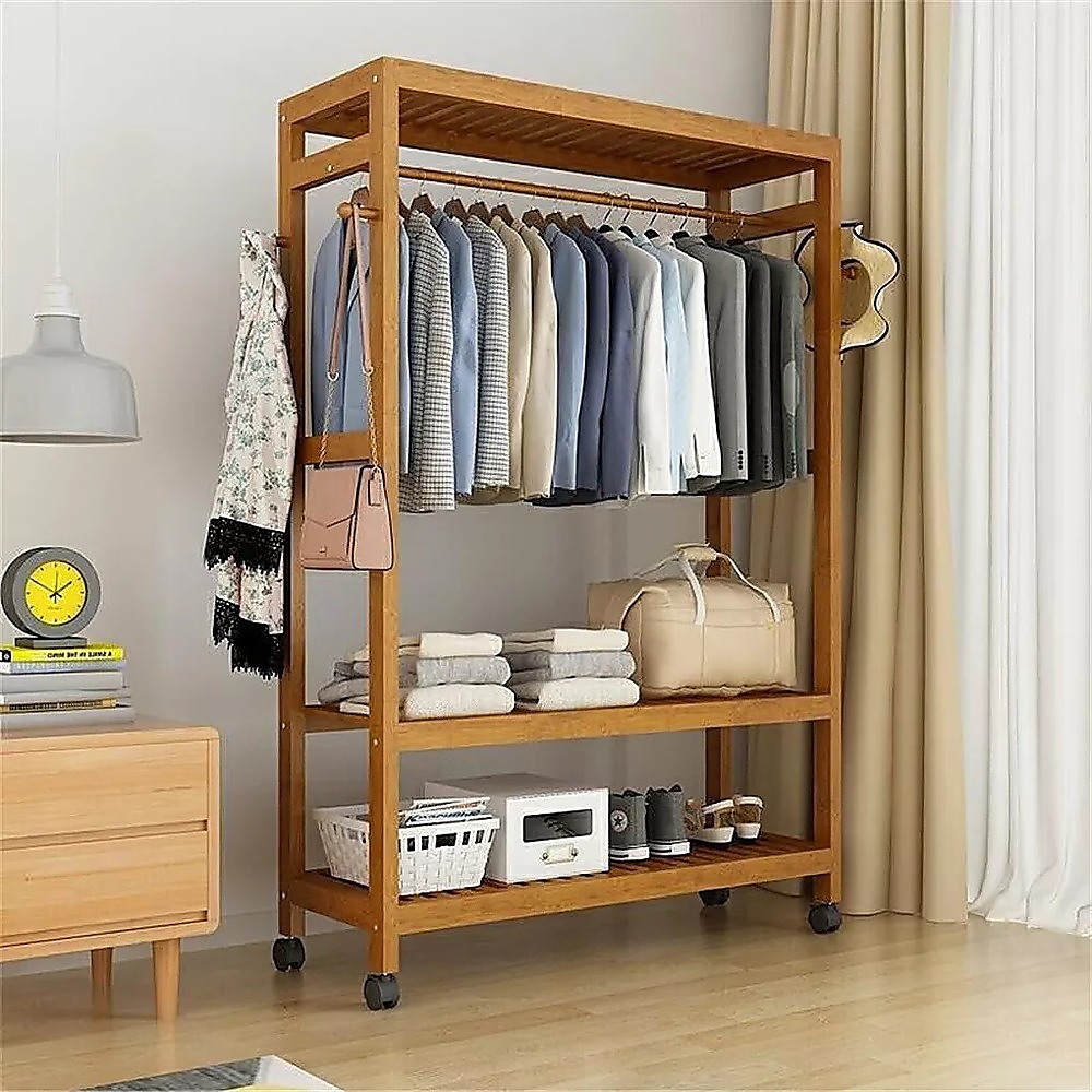 V63-952891-202509221031-01 Wooden Clothes Rail with Shelves & Wheels – Open Wardrobe Rack Stand - Image 2
