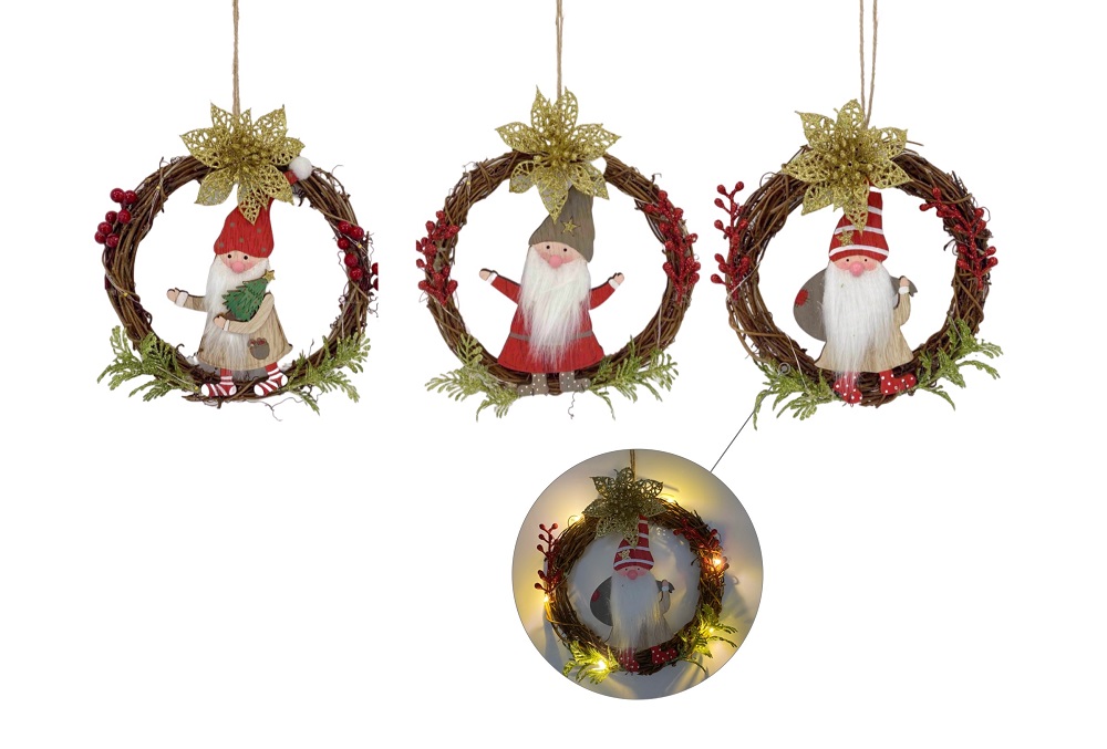 V637-XMS31181-202508260825-00 bulk 12 Xmas Hanging Santa Wreath W Led Light Assort 18cm - Image 1