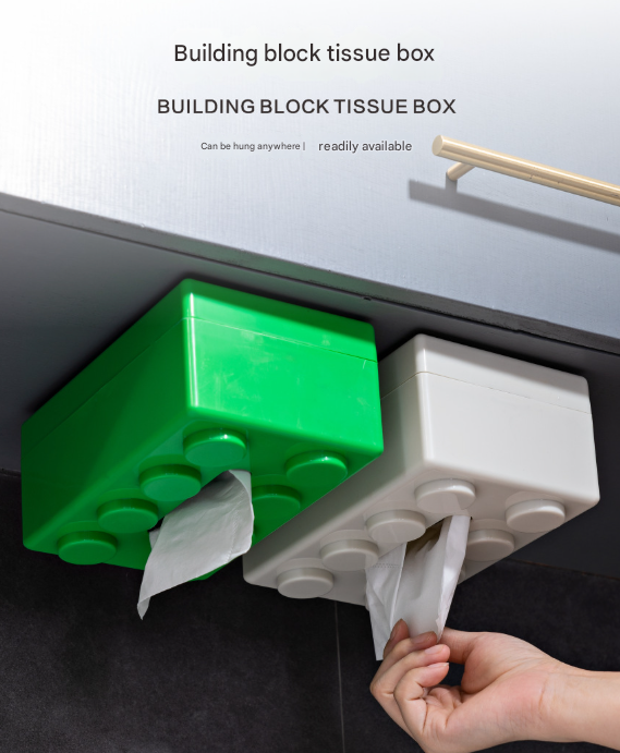V888-ELOSUNG32939-202507151032-03 Blue 2 Pcs Creative Building Block Tissue Box Holder - Wall-Mounted & Desktop Dispenser for Bathroom, Kids Room & Office Decor - Image 4