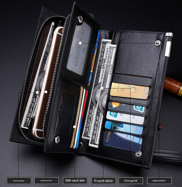 V888-ELOSUNG32977-202507180935-04 Brown Men's Business Casual Long Wallet Clutch - PU Leather Large Capacity Phone & Card Holder with Wrist Strap - Image 5