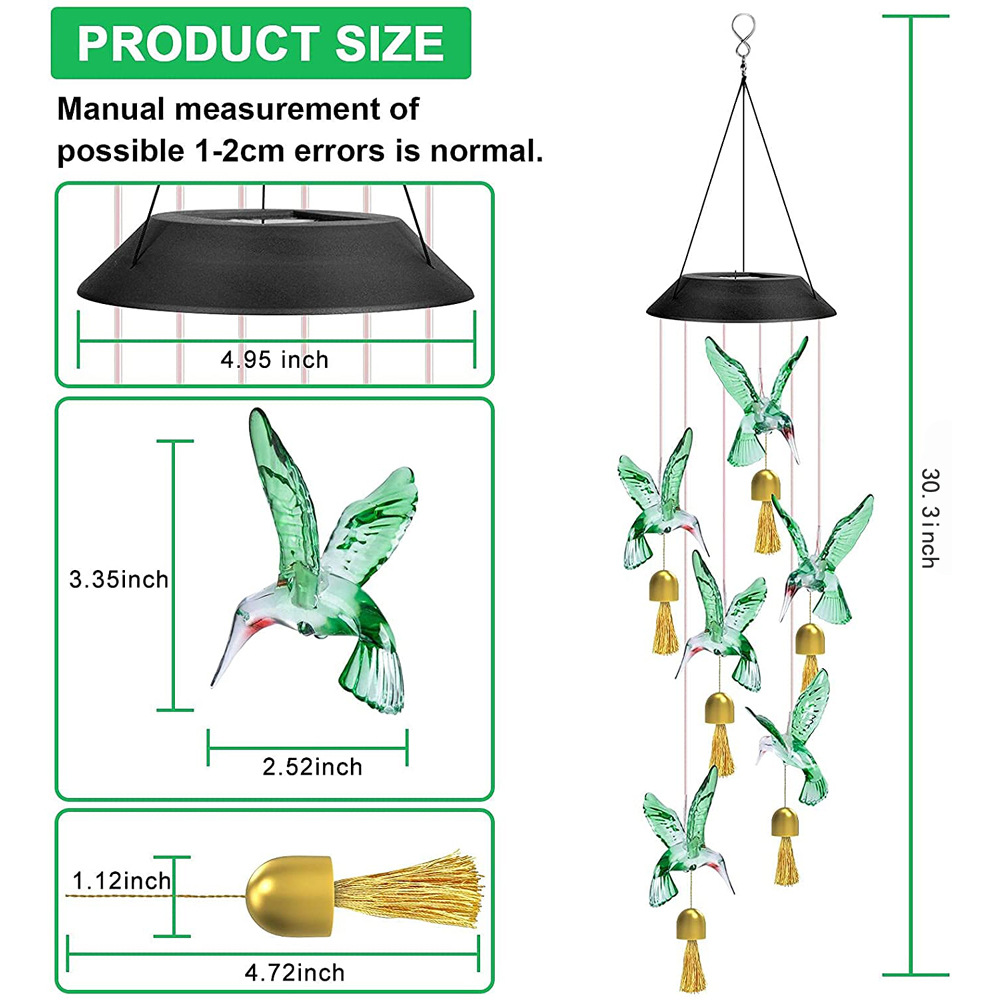 V888-ELOSUNG32988-202507180930-01 Blue Solar Powered Hummingbird Wind Chime(Without bell) - Color-Changing LED Hanging Garden Light Outdoor Decor - Image 2