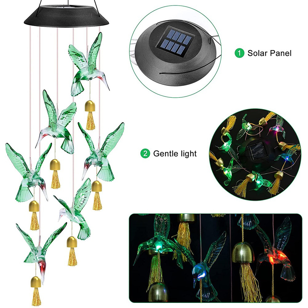 V888-ELOSUNG32988-202507180930-02 Blue Solar Powered Hummingbird Wind Chime(Without bell) - Color-Changing LED Hanging Garden Light Outdoor Decor - Image 3