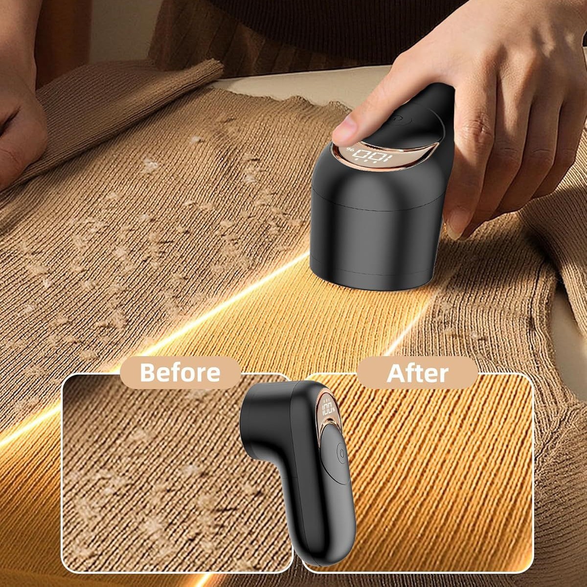 V888-ELOSUNG33728-202507180920-01 Black Digital Display Electric Lint Remover - 3-Speed USB Rechargeable Fabric Shaverc - Image 2