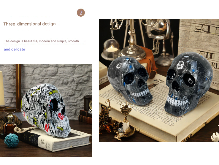 V888-ELOSUNG33885-202509091615-02 Big Black Colorful Floral Skull Statue - Intricate Day of the Dead Style Resin Figurine for Halloween & Home Decor - Image 3