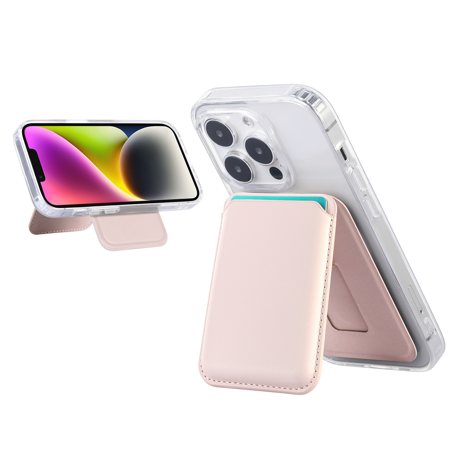 V888-ELOSUNG33918-202509121010-00 Pink Slim Magnetic Card Holder Wallet with Adjustable Kickstand - MagSafe Compatible - Image 1