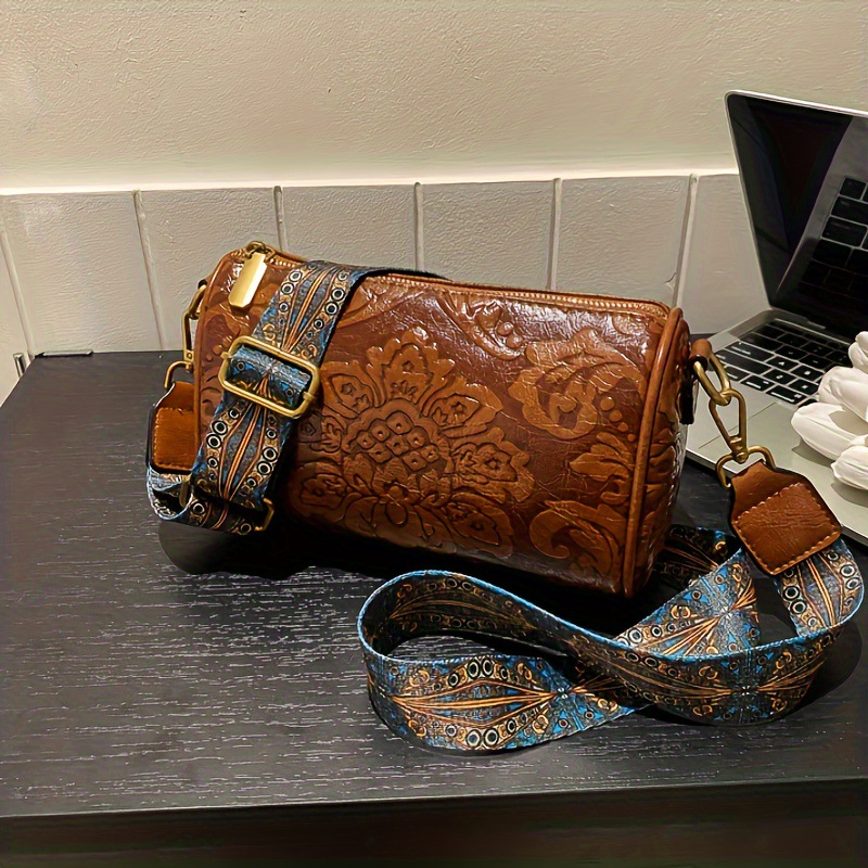 V888-ELOSUNG33959-202509221017-01 Brown Vintage Embossed Crossbody Barrel Bag with Wide Adjustable Guitar Strap - Image 2