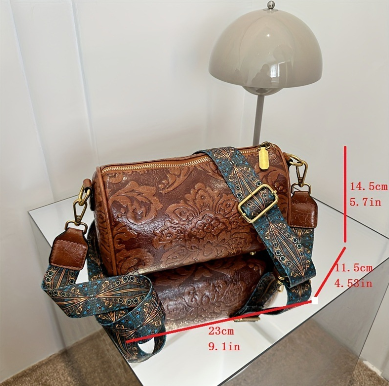 V888-ELOSUNG33959-202509221017-02 Brown Vintage Embossed Crossbody Barrel Bag with Wide Adjustable Guitar Strap - Image 3