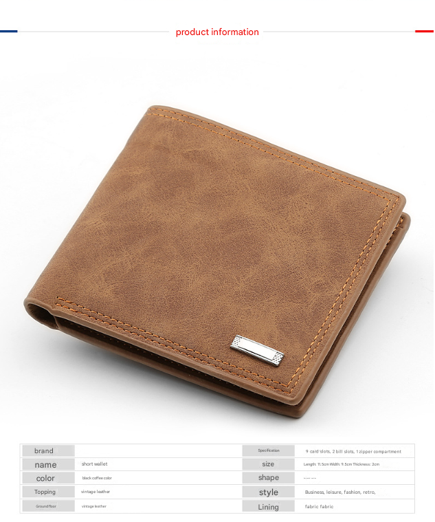 V888-ELOSUNG34352-202507071011-02 2-Piece Brown Men's Vintage Style Bifold Wallet | High-Capacity PU Leather with Removable Card Holder & Zip Coin Pocket - Image 3