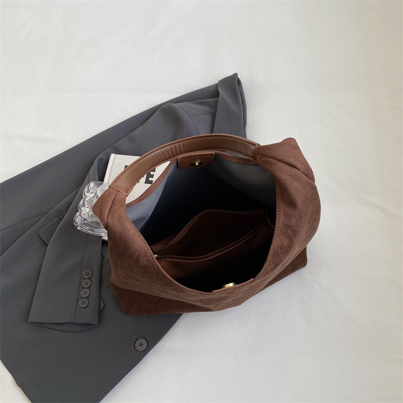 V888-ELOSUNG34375-202507071026-01 Coffee color Chic Faux Suede Tote Bag with Matching Pouch | Large Capacity Slouchy Shoulder Bag - Image 2