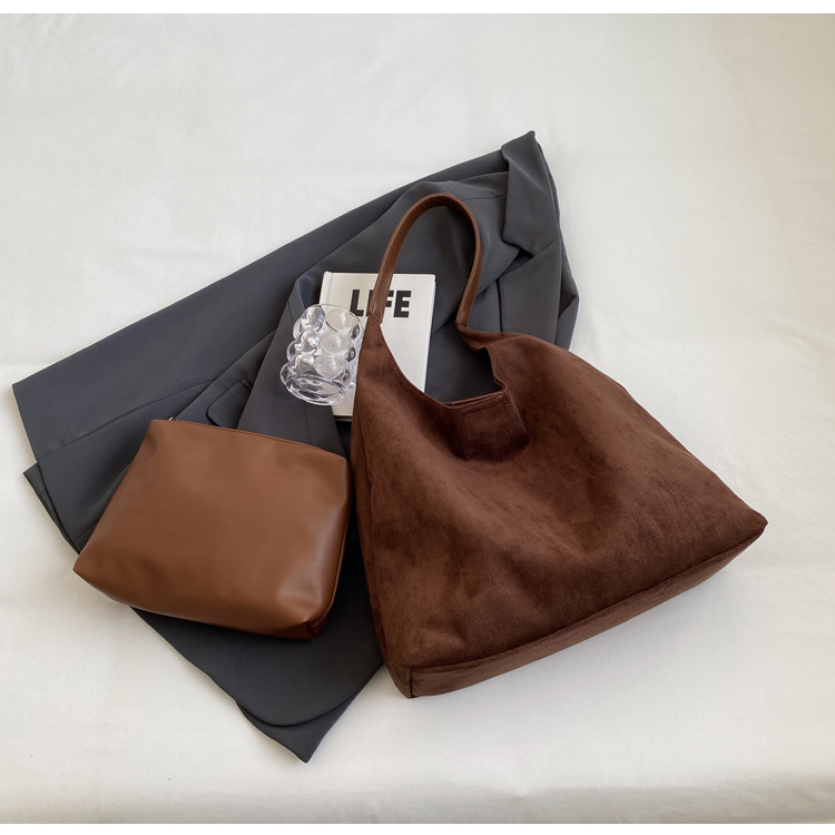 V888-ELOSUNG34375-202507071026-02 Coffee color Chic Faux Suede Tote Bag with Matching Pouch | Large Capacity Slouchy Shoulder Bag - Image 3