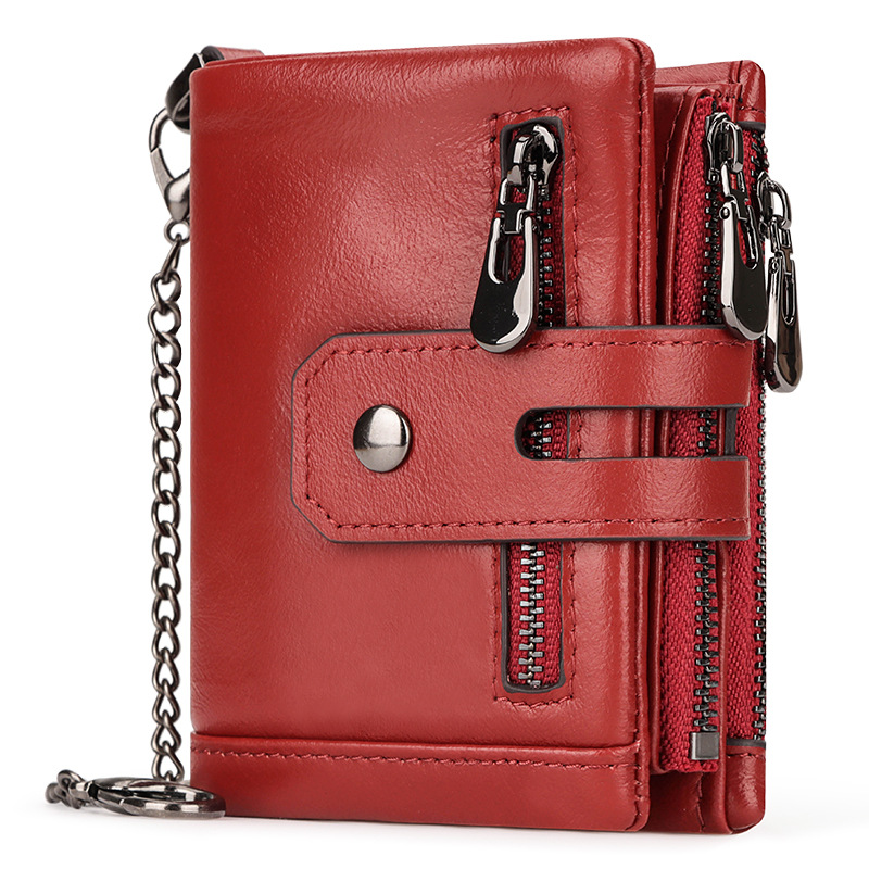V888-ELOSUNG34435-202507151036-00 Red Genuine Leather Men's RFID Blocking Wallet - High Capacity Trifold with Zipper Coin Pocket - Image 1