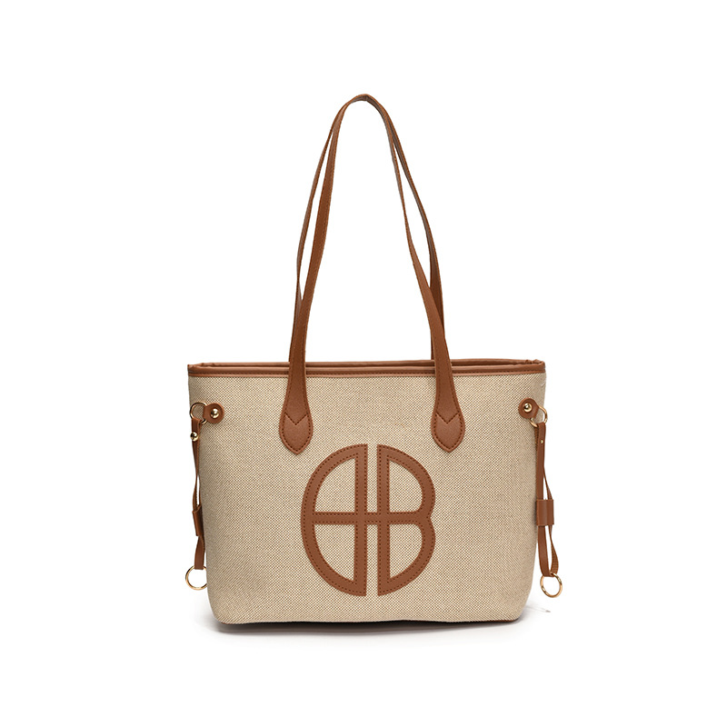 V888-ELOSUNG35666-202507151015-00 Stylish Large Capacity Tote Bag with PU Leather Trim & Logo Detail(Beige with brown) - Image 1