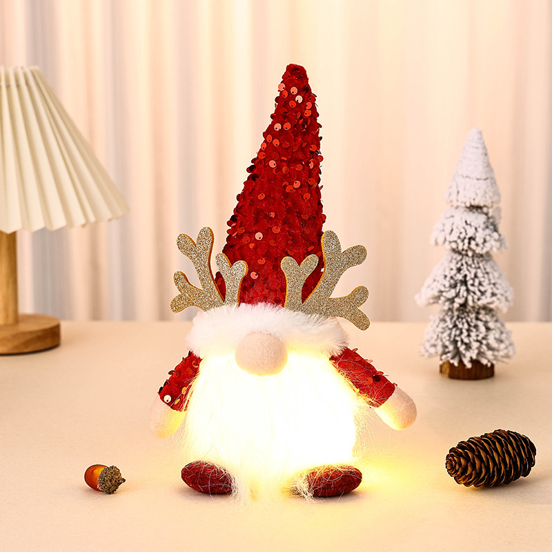 V888-ELOSUNG35808-202508011025-00 Light-Up Christmas Gnome Plush Doll with Sequin Hat & Antlers - Festive LED Tabletop Decoration(red) - Image 1