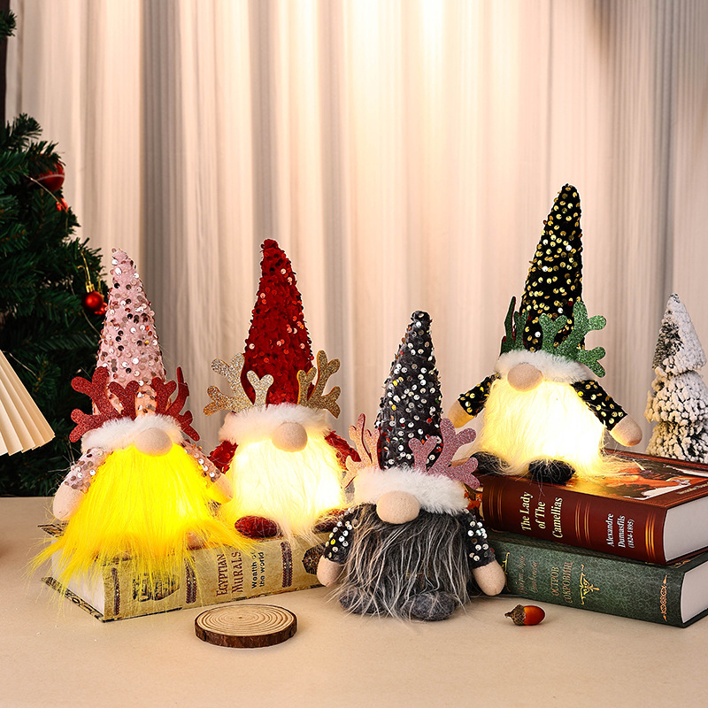 V888-ELOSUNG35810-202508011026-01 Light-Up Christmas Gnome Plush Doll with Sequin Hat & Antlers - Festive LED Tabletop Decoration(gold) - Image 2