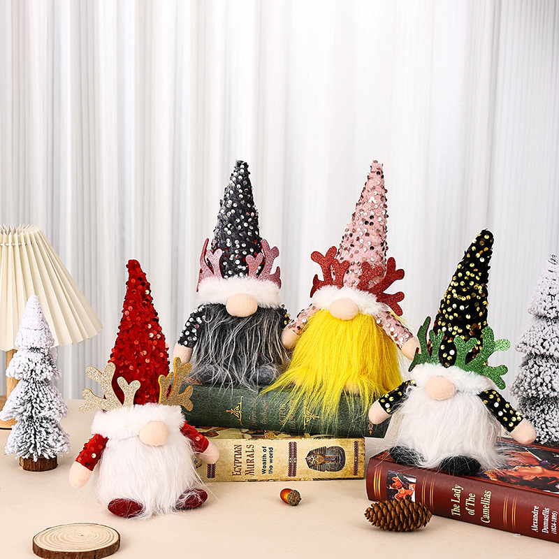 V888-ELOSUNG35810-202508011026-02 Light-Up Christmas Gnome Plush Doll with Sequin Hat & Antlers - Festive LED Tabletop Decoration(gold) - Image 3