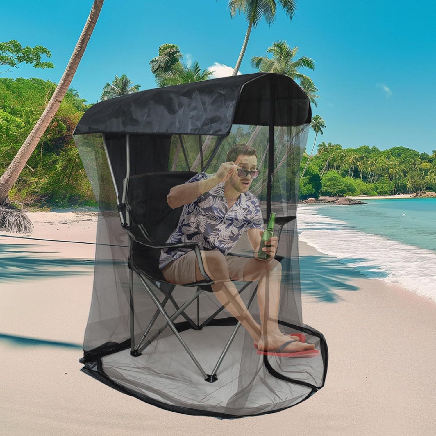 V888-ELOSUNG35845-202508111504-05 Portable Outdoor Chair Cover with Mosquito Net & Sun Canopy - UV & Water-Resistant Shelter for Camping & Fishing(black 82*89*160CM) - Image 6