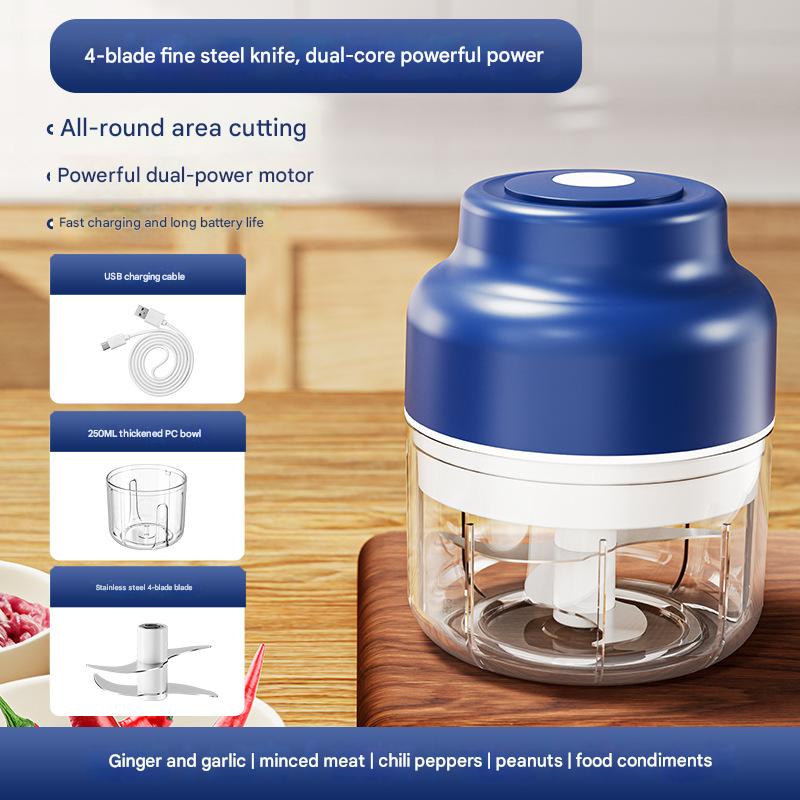 V888-ELOSUNG35971-202509041426-00 Powerful Mini Electric Food Chopper - USB Rechargeable Cordless Garlic & Meat Mincer(Blue 250ml + 4-blade knife) - Image 1