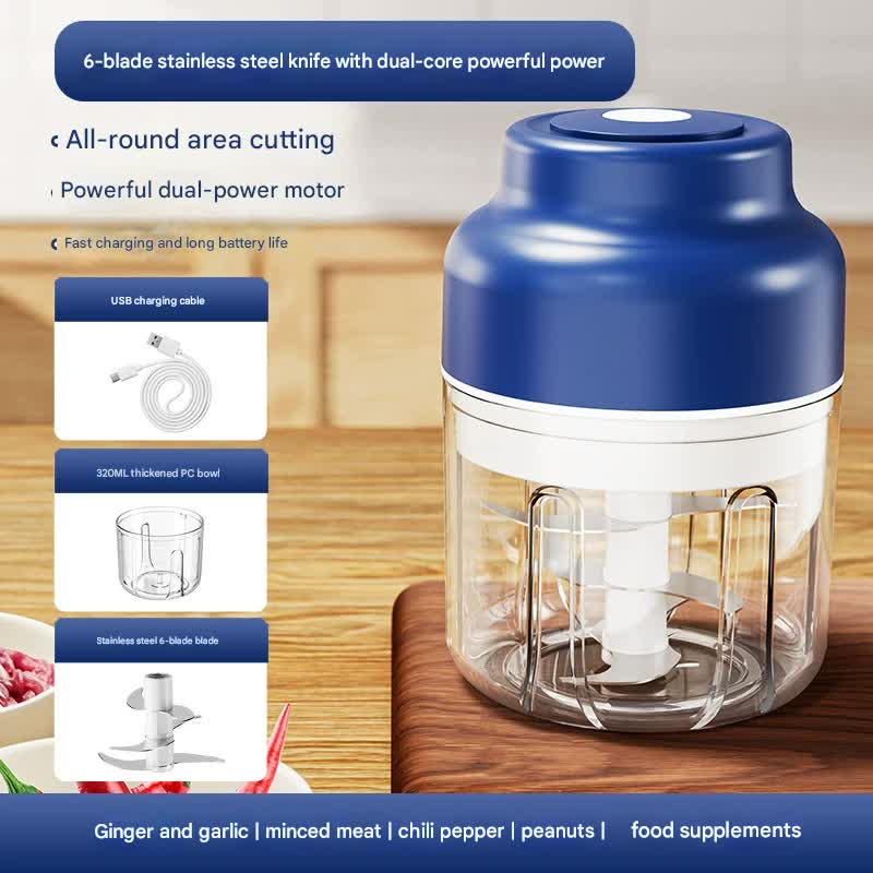 V888-ELOSUNG35974-202509041427-00 Powerful Mini Electric Food Chopper - USB Rechargeable Cordless Garlic & Meat Mincer(Blue 320ml + 6-blade knife) - Image 1