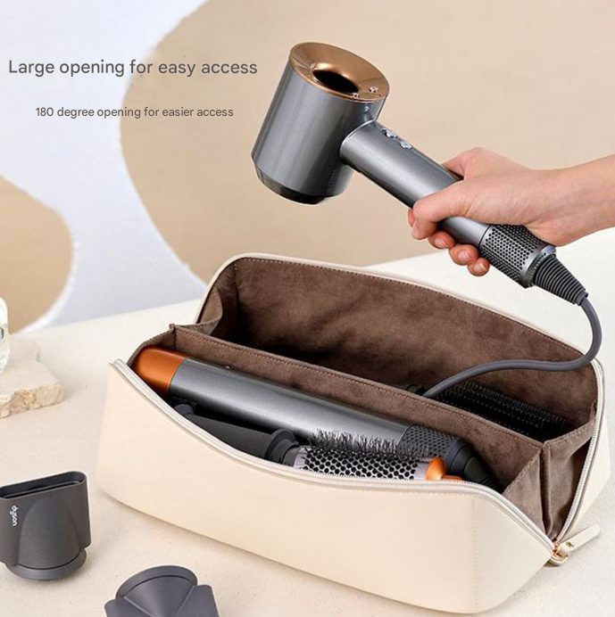 V888-ELOSUNG36061-202507281647-03 Brown Premium PU Leather Travel Case for Hair Styling Tools - Double Layer Waterproof Organizer Bag for Hair Dryer, Curler & Straightener - Image 4