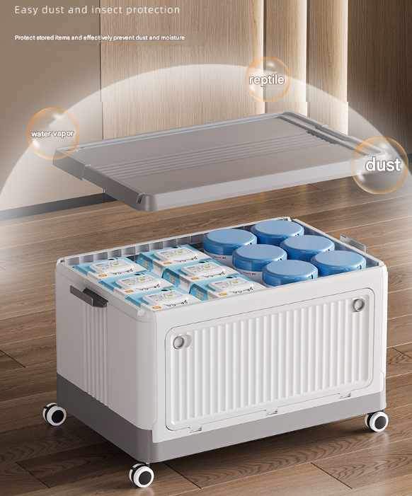 V888-ELOSUNG36123-202508041445-05 Size L Grey Collapsible Storage Box with Wheels and Telescopic Handle - Stackable Folding Crate for Car & Home - Image 6