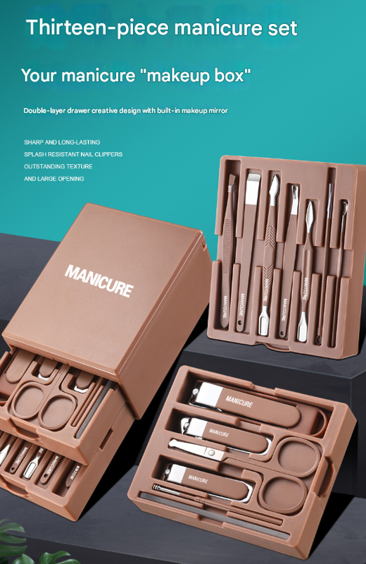 V888-ELOSUNG36169-202508071510-01 Brown Premium 13-in-1 Manicure & Grooming Kit - Professional Carbon Steel Pedicure Set with Dual-Drawer Case & Mirror - Image 2
