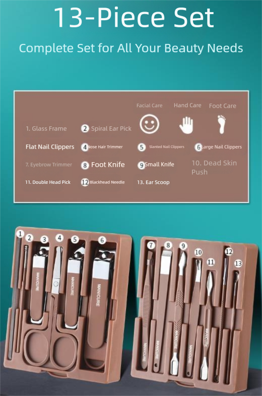 V888-ELOSUNG36169-202508071510-04 Brown Premium 13-in-1 Manicure & Grooming Kit - Professional Carbon Steel Pedicure Set with Dual-Drawer Case & Mirror - Image 5