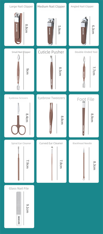 V888-ELOSUNG36169-202508071510-05 Brown Premium 13-in-1 Manicure & Grooming Kit - Professional Carbon Steel Pedicure Set with Dual-Drawer Case & Mirror - Image 6