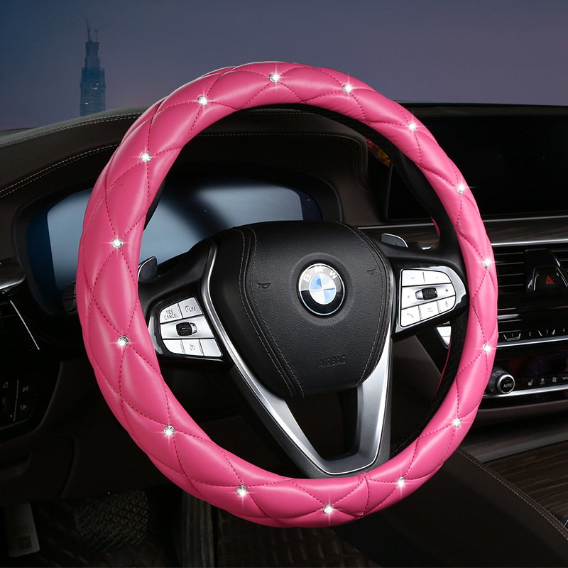 V888-ELOSUNG36271-202508131420-00 Rose Red Luxury Bling Steering Wheel Cover - Black Quilted Leather with Crystal Rhinestones, Universal 38cm Fit - Image 1