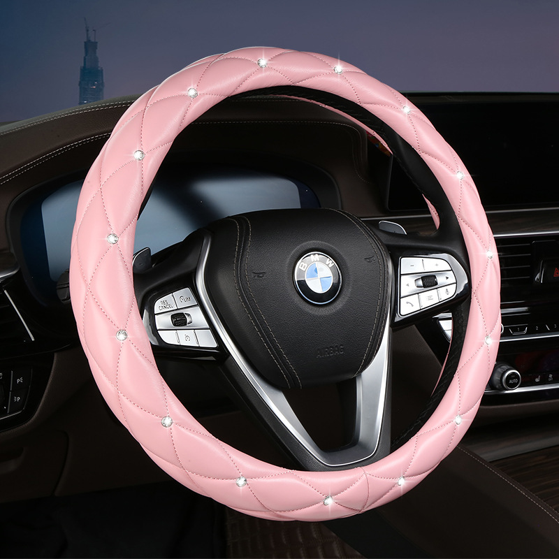 V888-ELOSUNG36273-202508131420-00 Pink Luxury Bling Steering Wheel Cover - Black Quilted Leather with Crystal Rhinestones, Universal 38cm Fit - Image 1