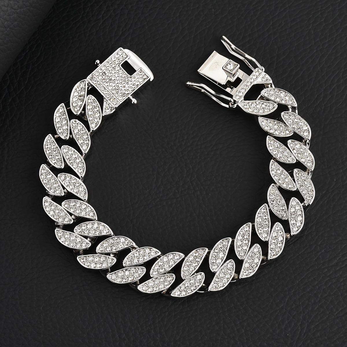 V888-ELOSUNG36307-202508191021-01 Silver 16mm Iced Out Cuban Link Bracelet - Heavy Paved Rhinestone Hip Hop Chain for Men - Image 2