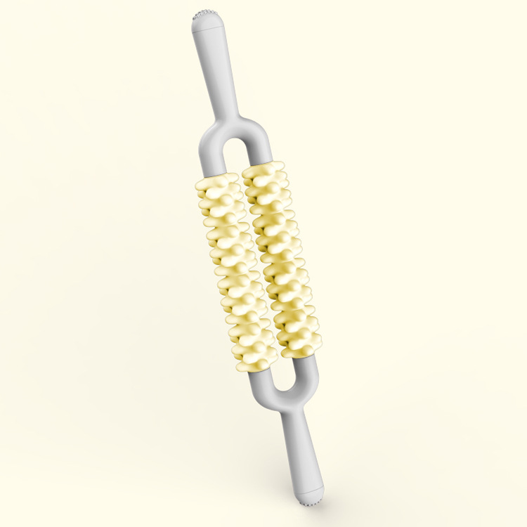 V888-ELOSUNG36342-202508280515-00 Yellow and Grey Dual Row Spiky Muscle Roller Stick - Deep Tissue Massager for Back and Leg Recovery - Image 1