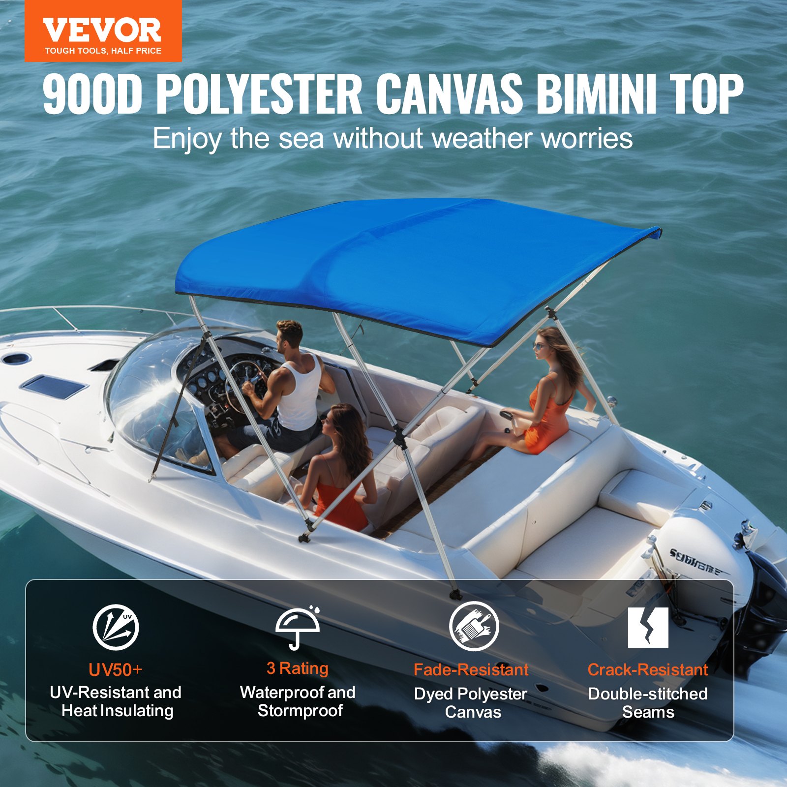 V952-3GCYZYP6L616QR5XQV0-202507141637-01 VEVOR 3 Bow Bimini Top Boat Cover, 900D Polyester Canopy with 1" Aluminum Alloy Frame, Waterproof and Sun Shade, Includes Storage Boot, 2 Support Poles, 4 Straps, 6'L x 46"H x 61"-66"W, Pacific Blue - Image 2