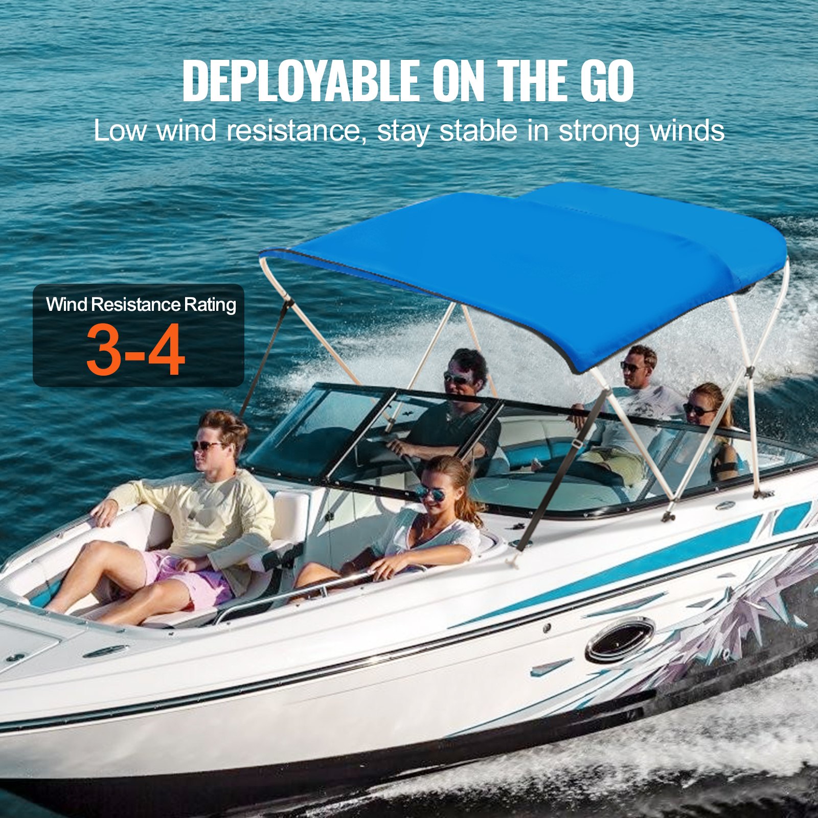 V952-3GCYZYP6L616QR5XQV0-202507141637-03 VEVOR 3 Bow Bimini Top Boat Cover, 900D Polyester Canopy with 1" Aluminum Alloy Frame, Waterproof and Sun Shade, Includes Storage Boot, 2 Support Poles, 4 Straps, 6'L x 46"H x 61"-66"W, Pacific Blue - Image 4