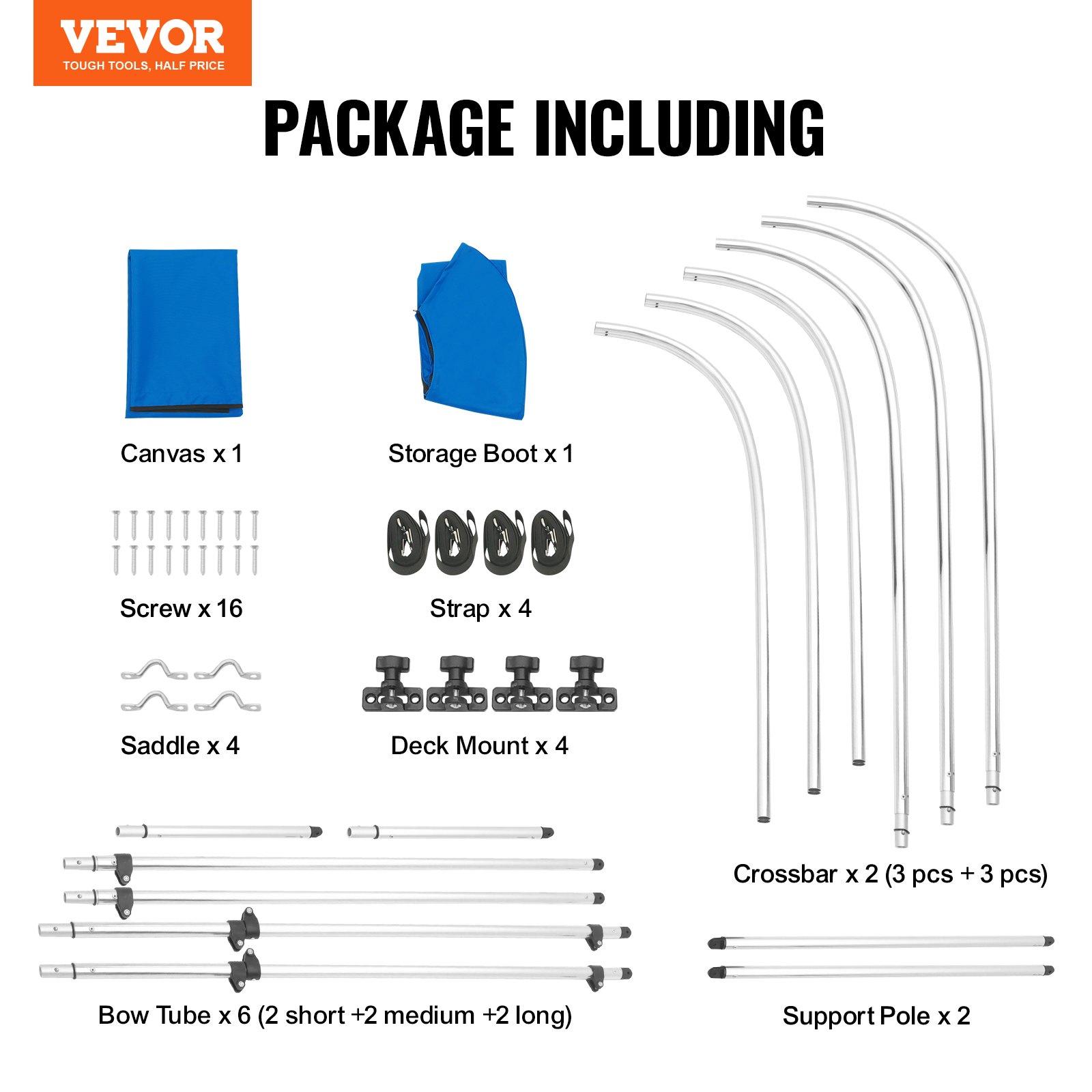 V952-3GCYZYP6L616QR5XQV0-202507141637-06 VEVOR 3 Bow Bimini Top Boat Cover, 900D Polyester Canopy with 1" Aluminum Alloy Frame, Waterproof and Sun Shade, Includes Storage Boot, 2 Support Poles, 4 Straps, 6'L x 46"H x 61"-66"W, Pacific Blue - Image 7
