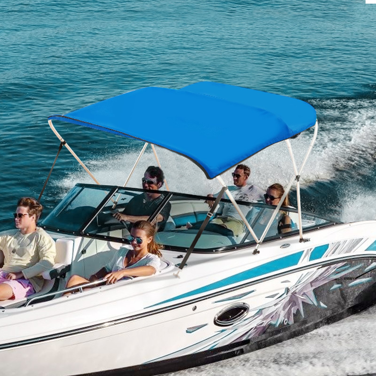 V952-3GCYZYP6L616QR5XQV0-202507141637-07 VEVOR 3 Bow Bimini Top Boat Cover, 900D Polyester Canopy with 1" Aluminum Alloy Frame, Waterproof and Sun Shade, Includes Storage Boot, 2 Support Poles, 4 Straps, 6'L x 46"H x 61"-66"W, Pacific Blue - Image 8
