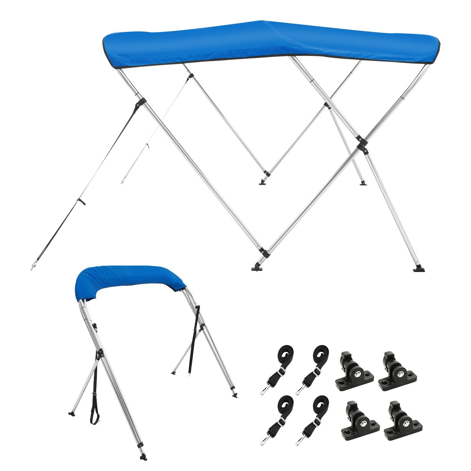 V952-3GCYZYP6L616QR5XQV0-202507141637-08 VEVOR 3 Bow Bimini Top Boat Cover, 900D Polyester Canopy with 1" Aluminum Alloy Frame, Waterproof and Sun Shade, Includes Storage Boot, 2 Support Poles, 4 Straps, 6'L x 46"H x 61"-66"W, Pacific Blue - Image 9