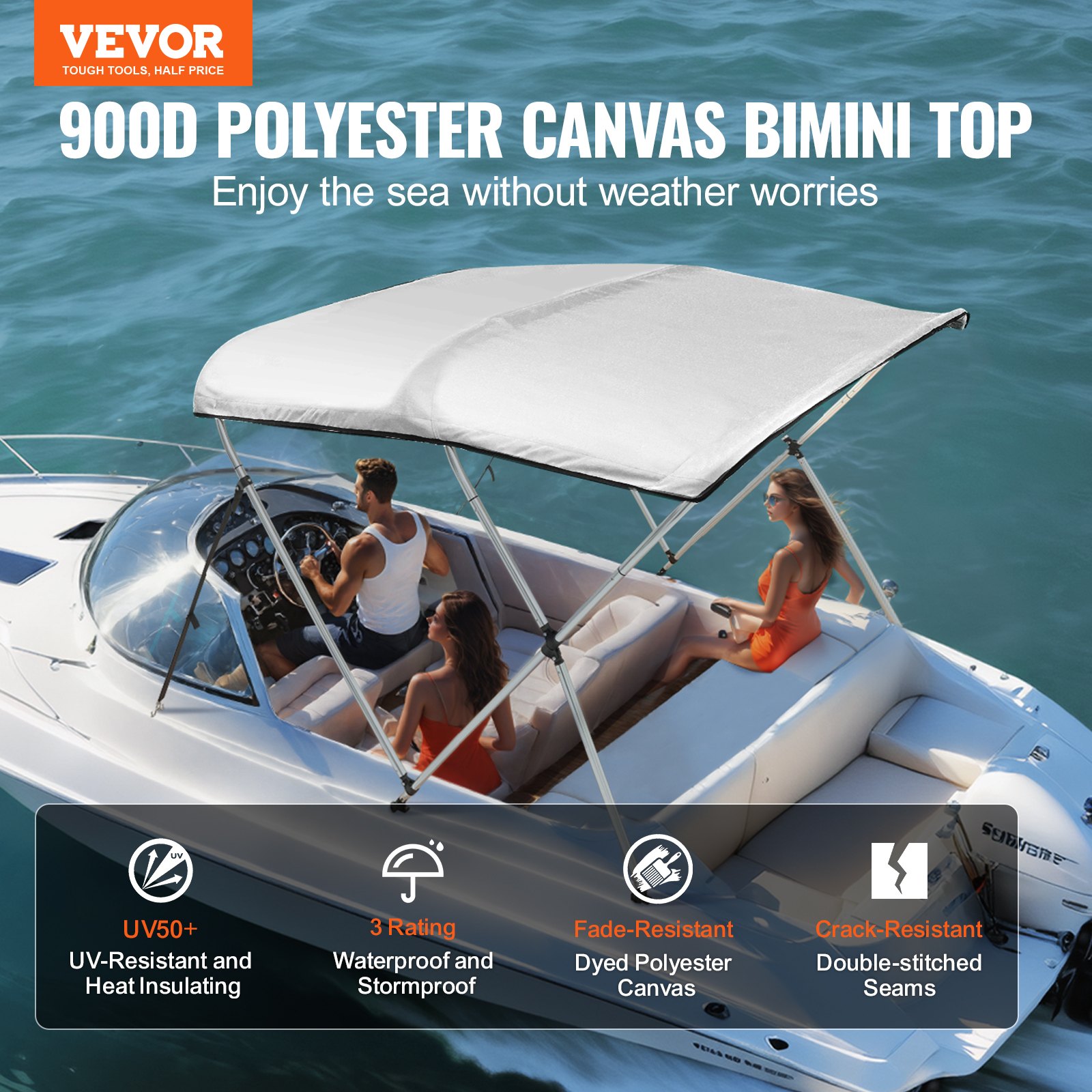 V952-3GCYZYP6L677QR7NKV0-202507141538-01 VEVOR 3 Bow Bimini Top Boat Cover, 900D Polyester Canopy with 1" Aluminum Alloy Frame, Waterproof and Sun Shade, Includes Storage Boot, 2 Support Poles, 4 Straps, 6'L x 46"H x 67"-72"W, Light Grey - Image 2