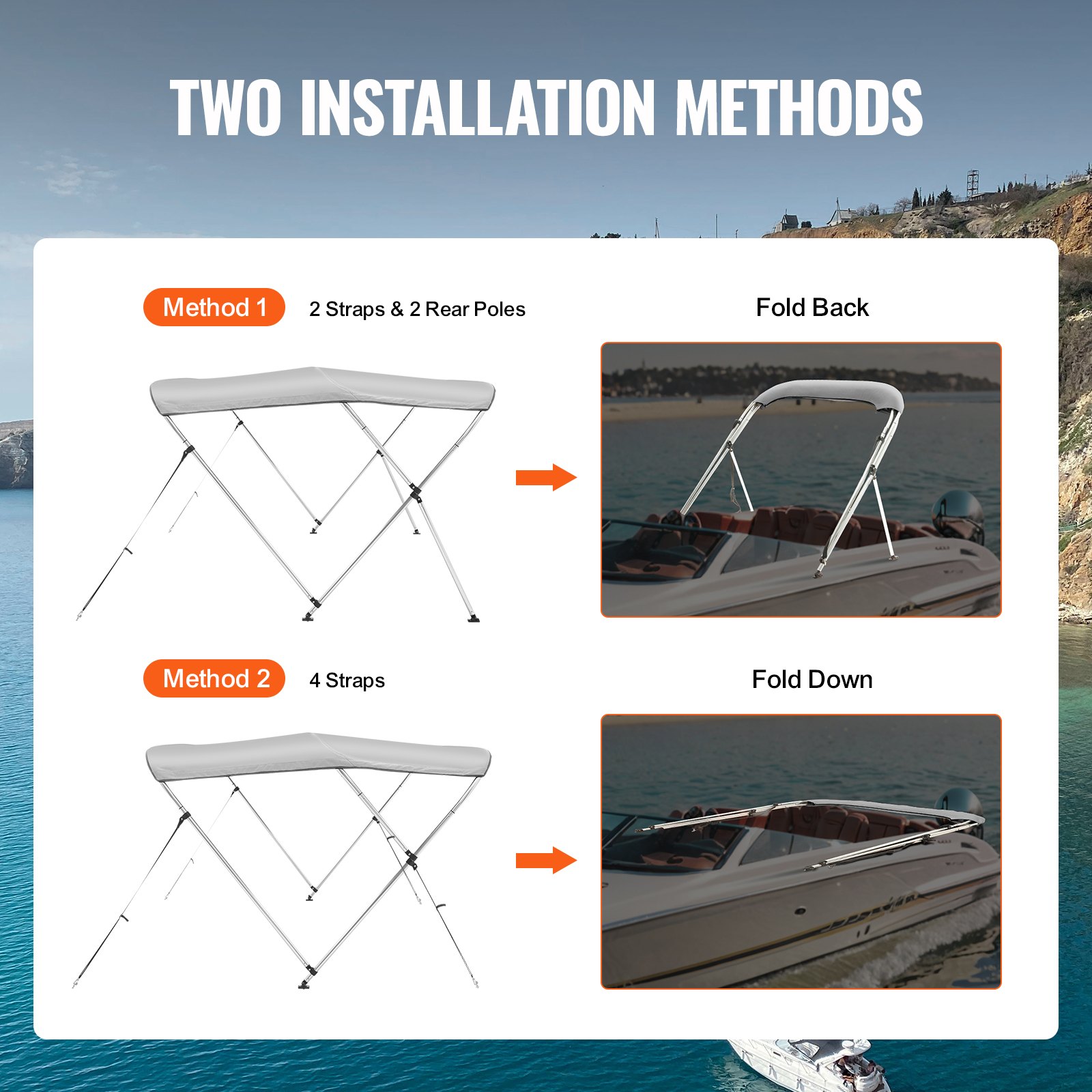 V952-3GCYZYP6L677QR7NKV0-202507141538-02 VEVOR 3 Bow Bimini Top Boat Cover, 900D Polyester Canopy with 1" Aluminum Alloy Frame, Waterproof and Sun Shade, Includes Storage Boot, 2 Support Poles, 4 Straps, 6'L x 46"H x 67"-72"W, Light Grey - Image 3