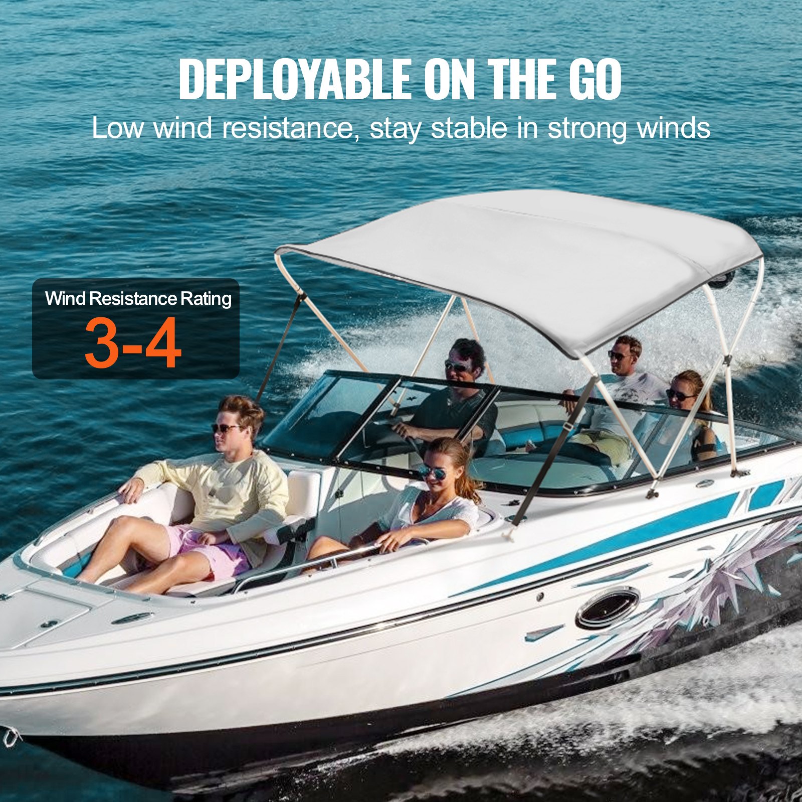 V952-3GCYZYP6L677QR7NKV0-202507141538-03 VEVOR 3 Bow Bimini Top Boat Cover, 900D Polyester Canopy with 1" Aluminum Alloy Frame, Waterproof and Sun Shade, Includes Storage Boot, 2 Support Poles, 4 Straps, 6'L x 46"H x 67"-72"W, Light Grey - Image 4
